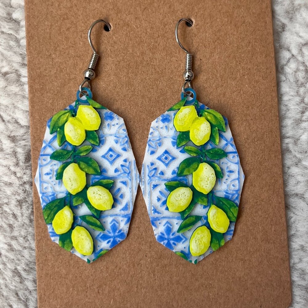 New Pierced 3D Lemon Dangle Earrings with Blue Pattern